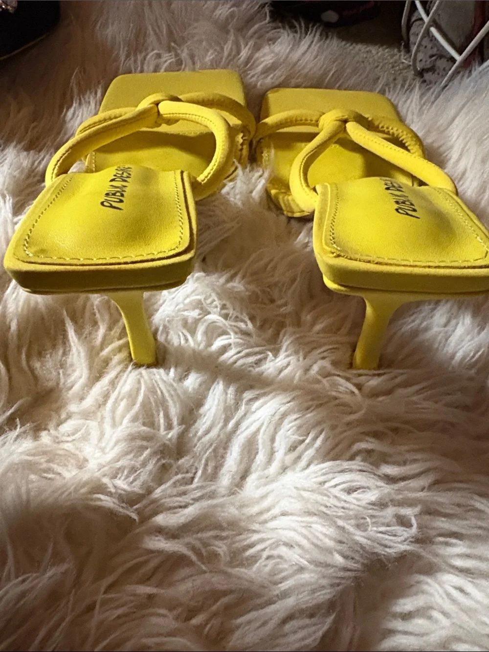 Public Desire Yellow Knotted Strap Square-Toe Heeled Slides